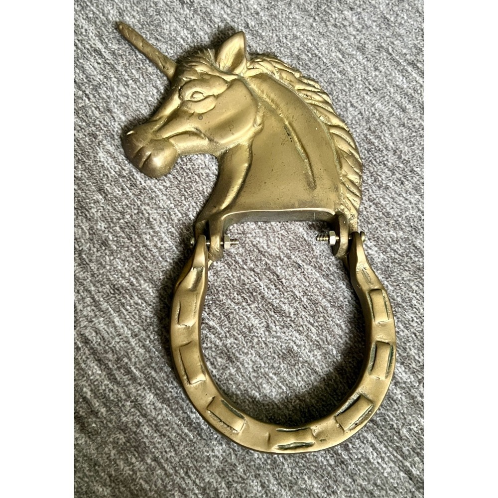 Vintage Cast Brass Unicorn Horseshoe Door Knocker Gold Tone